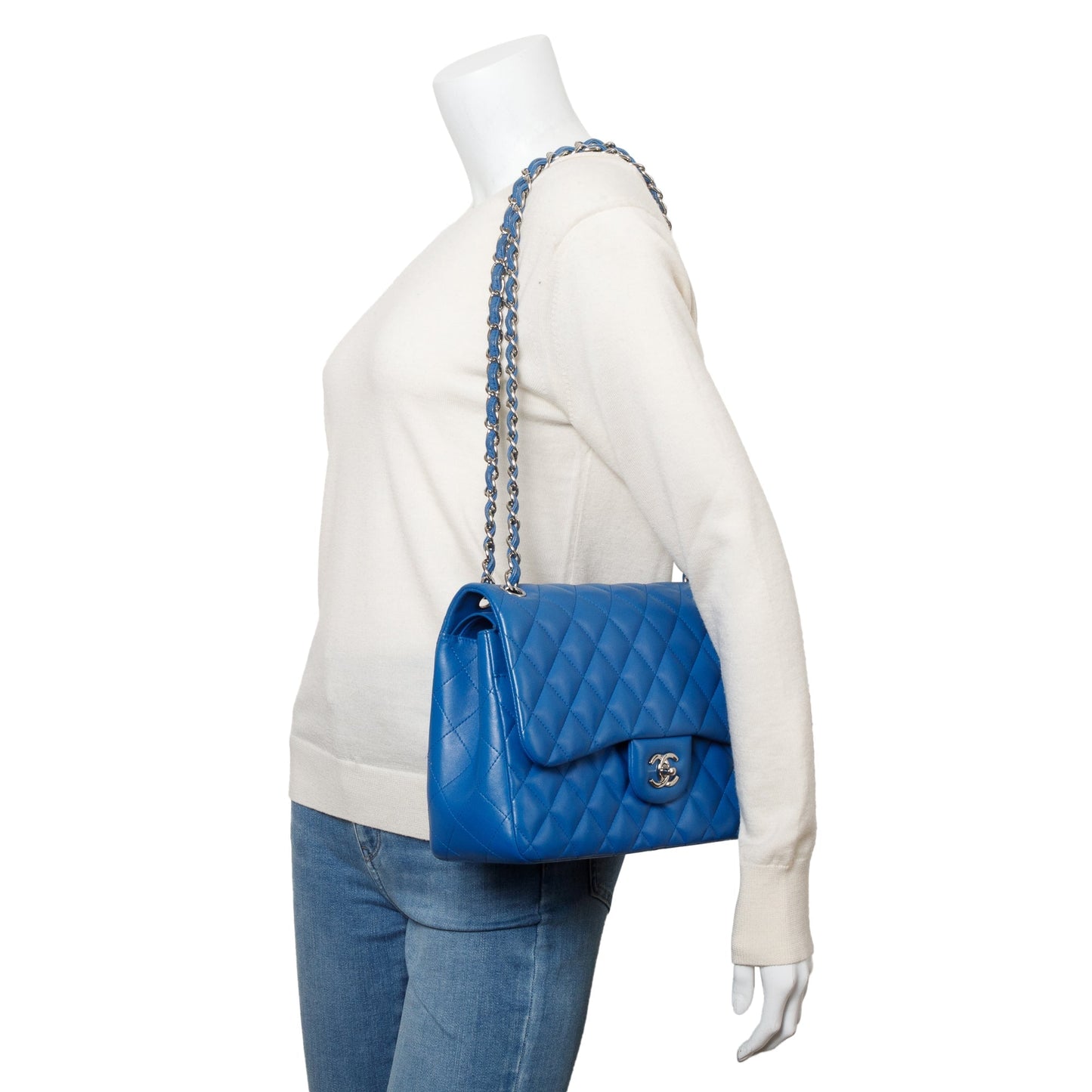 Chanel Blue Quilted Lambskin Leather Classic Jumbo Double Flap Bag