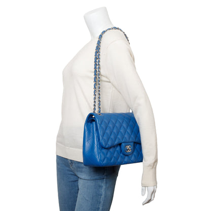 Chanel Blue Quilted Lambskin Leather Classic Jumbo Double Flap Bag