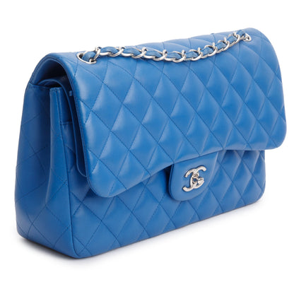 Chanel Blue Quilted Lambskin Leather Classic Jumbo Double Flap Bag