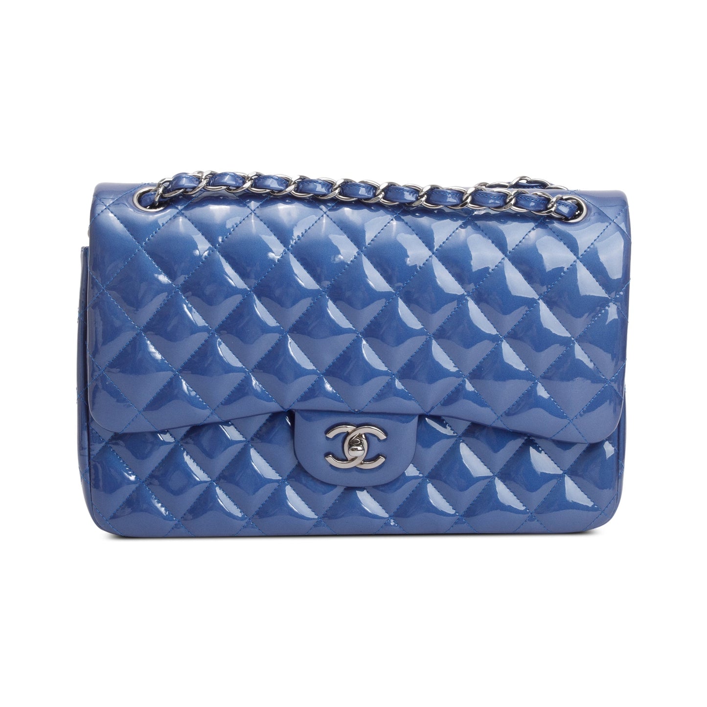 Chanel Blue Quilted Patent Leather Classic Jumbo Double Flap Bag