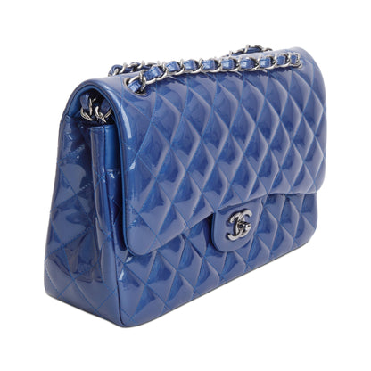 Chanel Blue Quilted Patent Leather Classic Jumbo Double Flap Bag