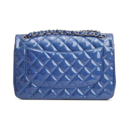 Chanel Blue Quilted Patent Leather Classic Jumbo Double Flap Bag
