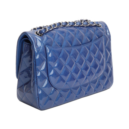 Chanel Blue Quilted Patent Leather Classic Jumbo Double Flap Bag
