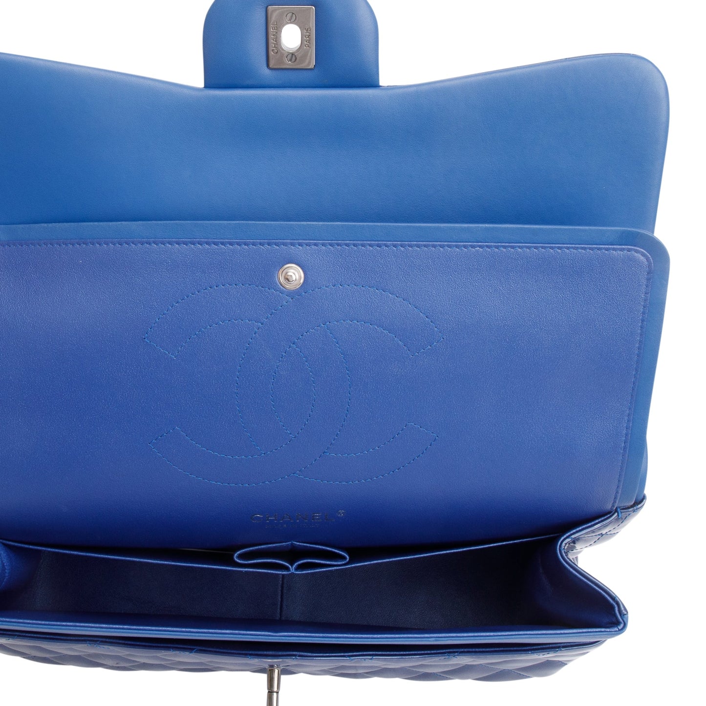 Chanel Blue Quilted Patent Leather Classic Jumbo Double Flap Bag
