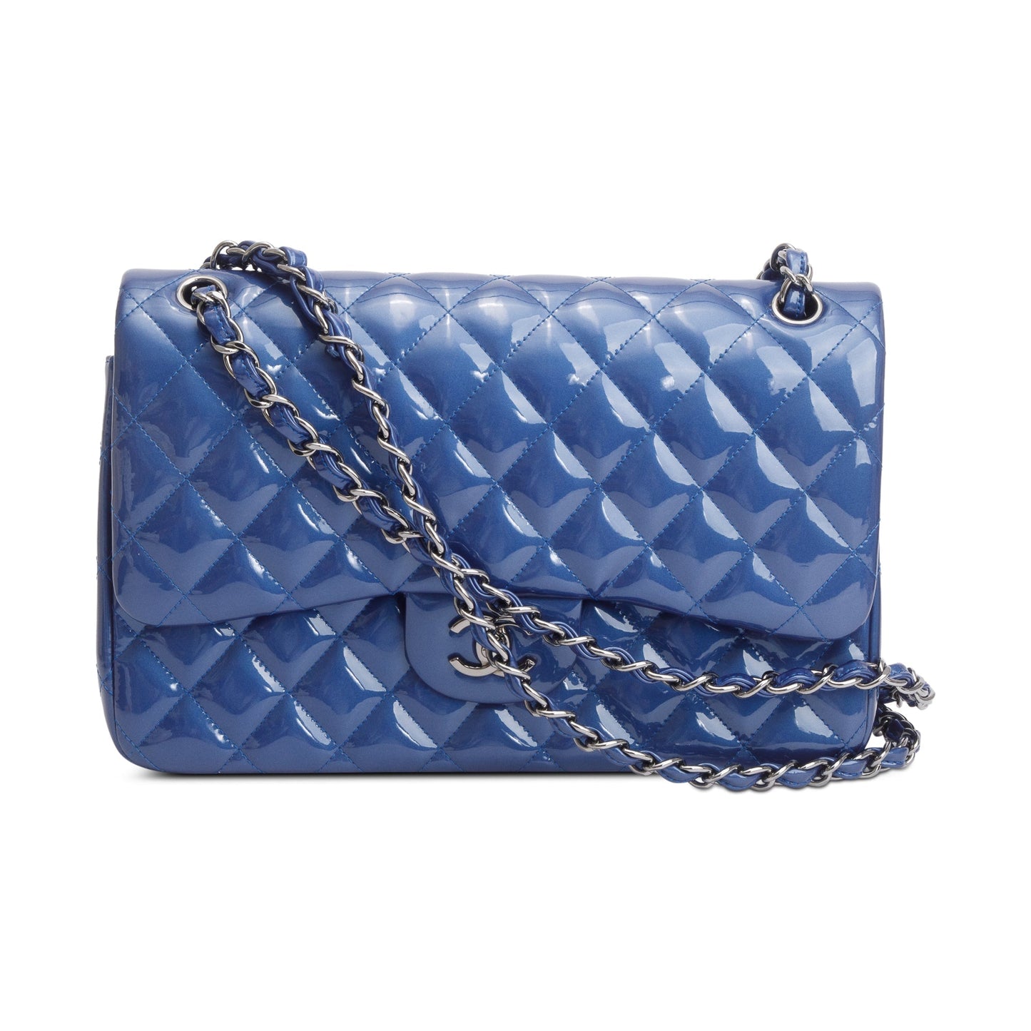 Chanel Blue Quilted Patent Leather Classic Jumbo Double Flap Bag