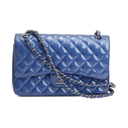 Chanel Blue Quilted Patent Leather Classic Jumbo Double Flap Bag