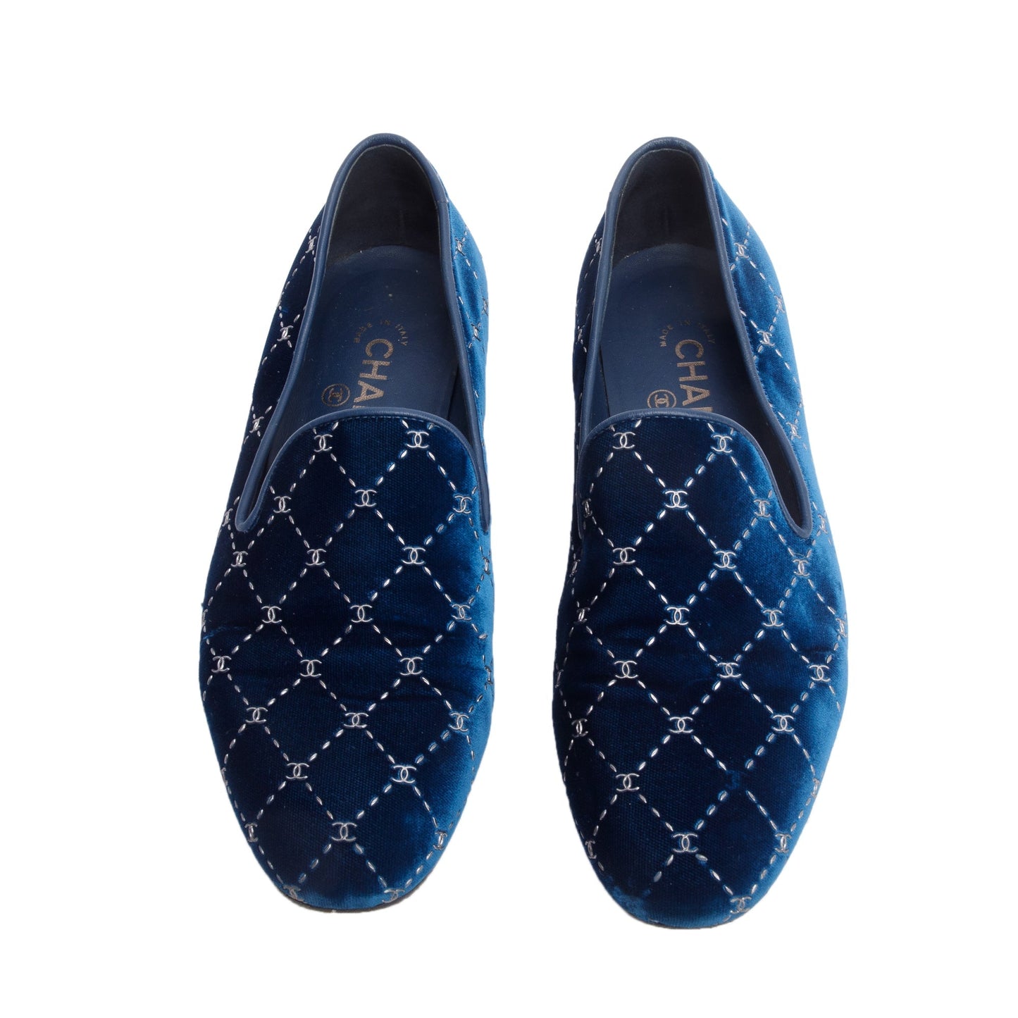 Chanel Blue Velvet CC Logo All Around Loafer, Size 39