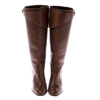 CHANEL CC LEATHER CAP TOE BLOCK HEEL KNEE HIGH RIDING BOOTS