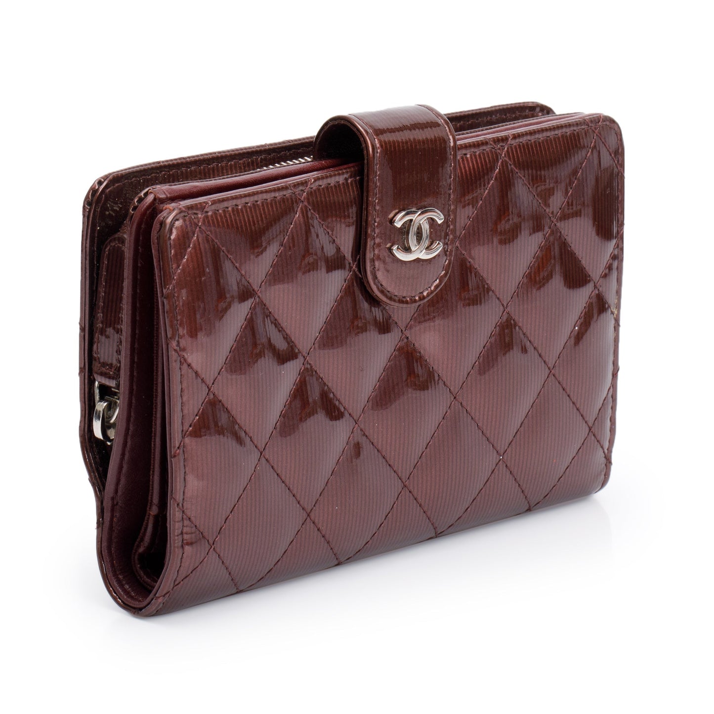 Chanel Burgundy Quilted Patent Leather French Purse Wallet