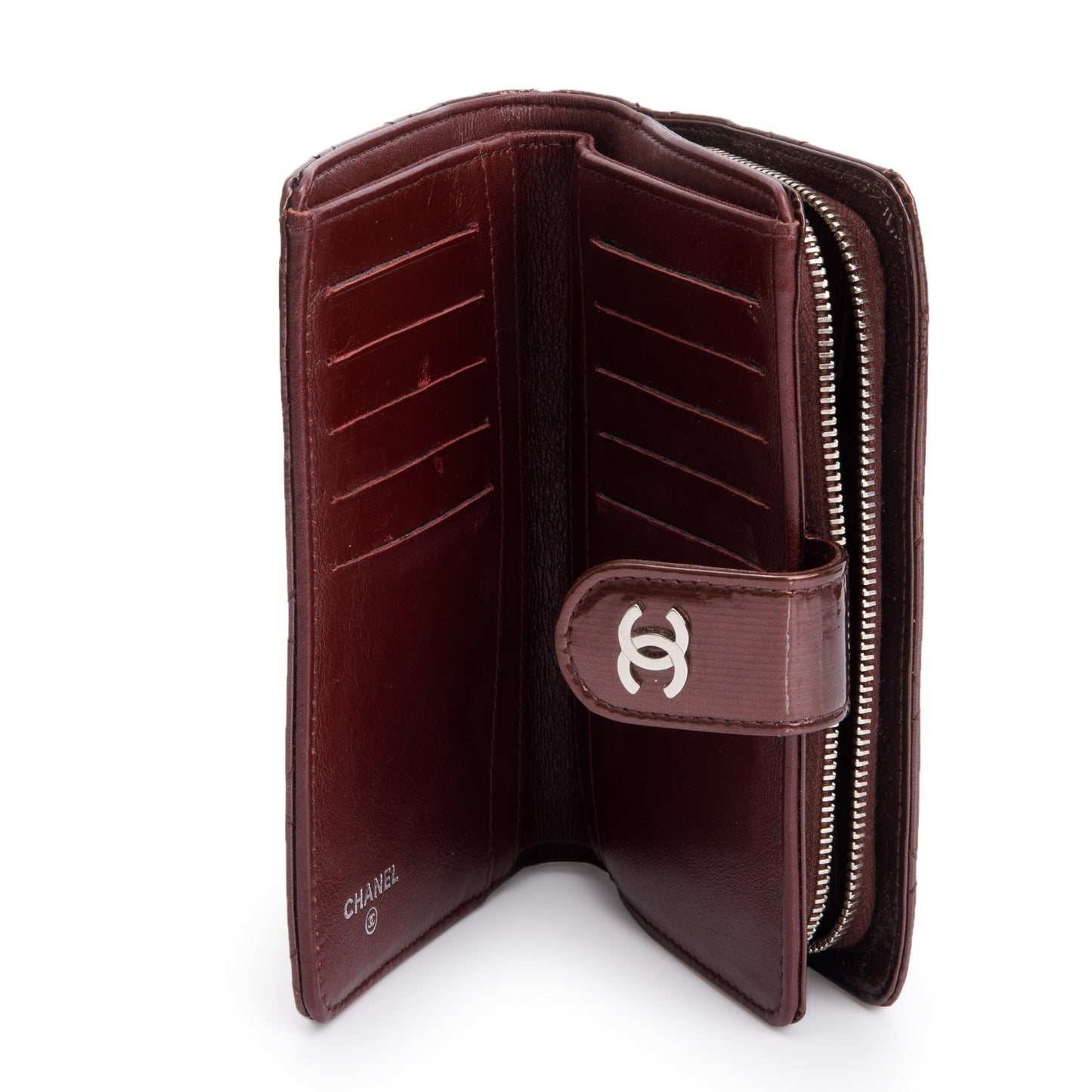 Chanel Burgundy Quilted Patent Leather French Purse Wallet