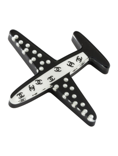 CHANEL Faux Pearl & Resin CC Airplane Brooch