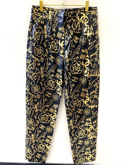 CHANEL CC ALLOVER LOGO LEATHER TROUSERS