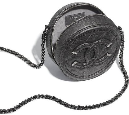 CHANEL CC CAVIAR LEATHER FILIGREE ROUND CHAIN CLUTCH BAG