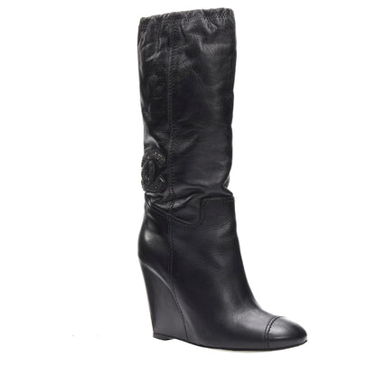 CHANEL CC CRYSTAL EMBELLISHED LAMBSKIN LEATHER WEDGE HEEL BOOTS