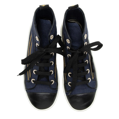 Chanel Fabric Lambskin Pearl CC High Top Cap Toe Sneakers - Size 6.5 / 36.5 (SHF-23702)