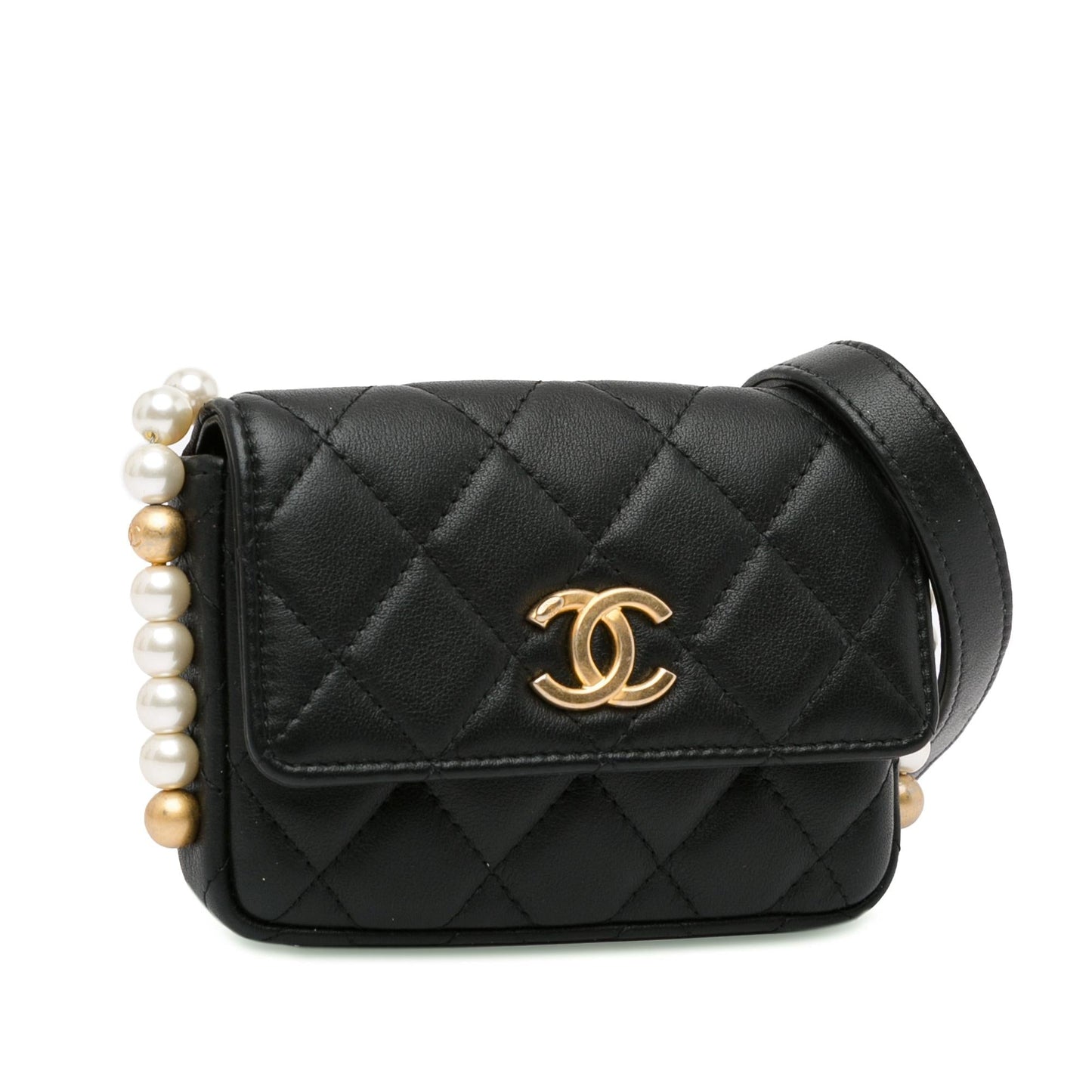 Chanel CC Lambskin About Pearls Card Holder On Chain (SHG-viiUda)