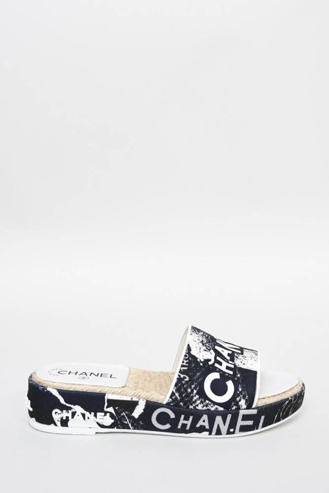 CHANEL COCO SIGNATURE PRINTED PLATFORM MULE SLIDES