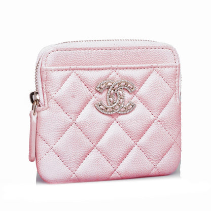 Chanel Caviar CC Crystal Woven Square Zip Around Card Holder (SHG-07vPg1)