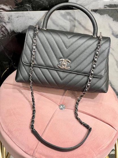 CHANEL CAVIAR METALLIC GRAPHITE MEDIUM COCO HANDBAG