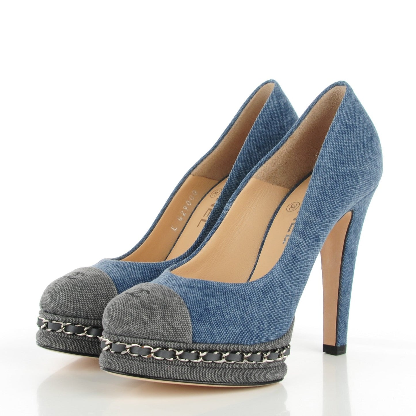 CHANEL Denim Chain Around Cap Toe Platform Pumps