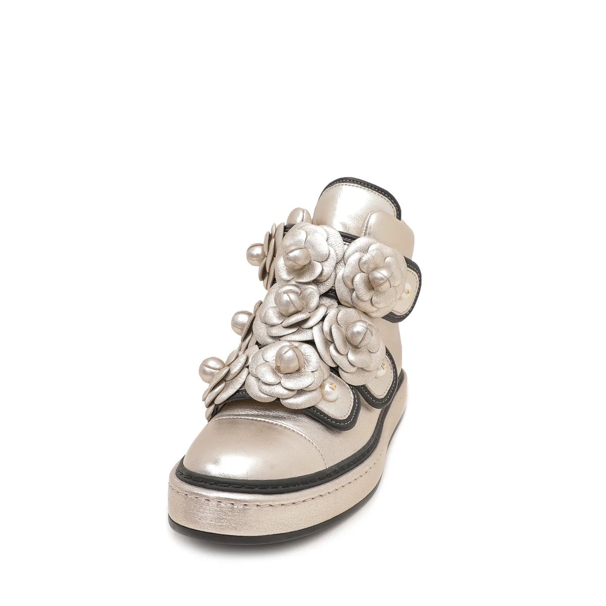 CHANEL CC CAMELLIA METALLIC CHAMPAGNE LAMBSKIN SNEAKERS