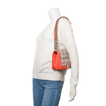 Chanel Coral Calfskin Leather Tweed Medium Boy Bag