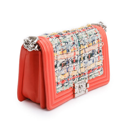 Chanel Coral Calfskin Leather Tweed Medium Boy Bag