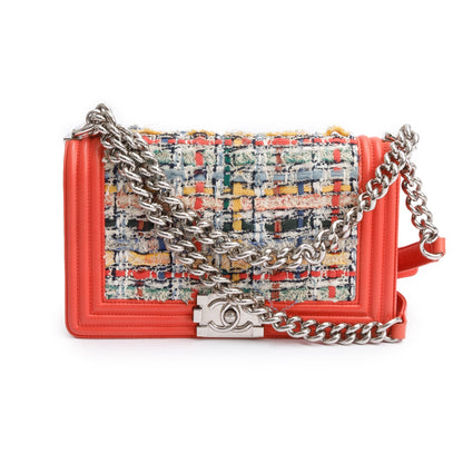 Chanel Coral Calfskin Leather Tweed Medium Boy Bag