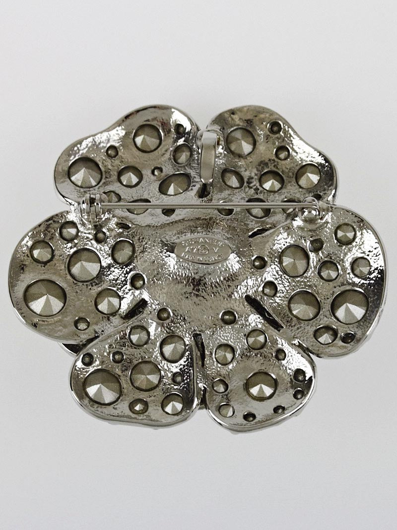 CHANEL Swarovski Crystal Camellia CC Brooch Silver