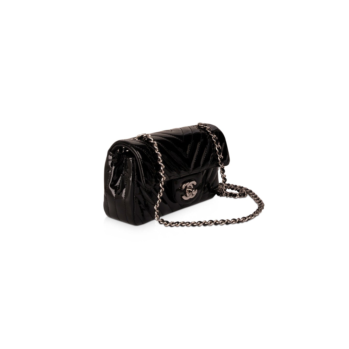 Chanel Extra Mini Black Chevron Patent Leather Classic Single Flap Bag