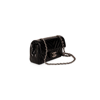 Chanel Extra Mini Black Chevron Patent Leather Classic Single Flap Bag
