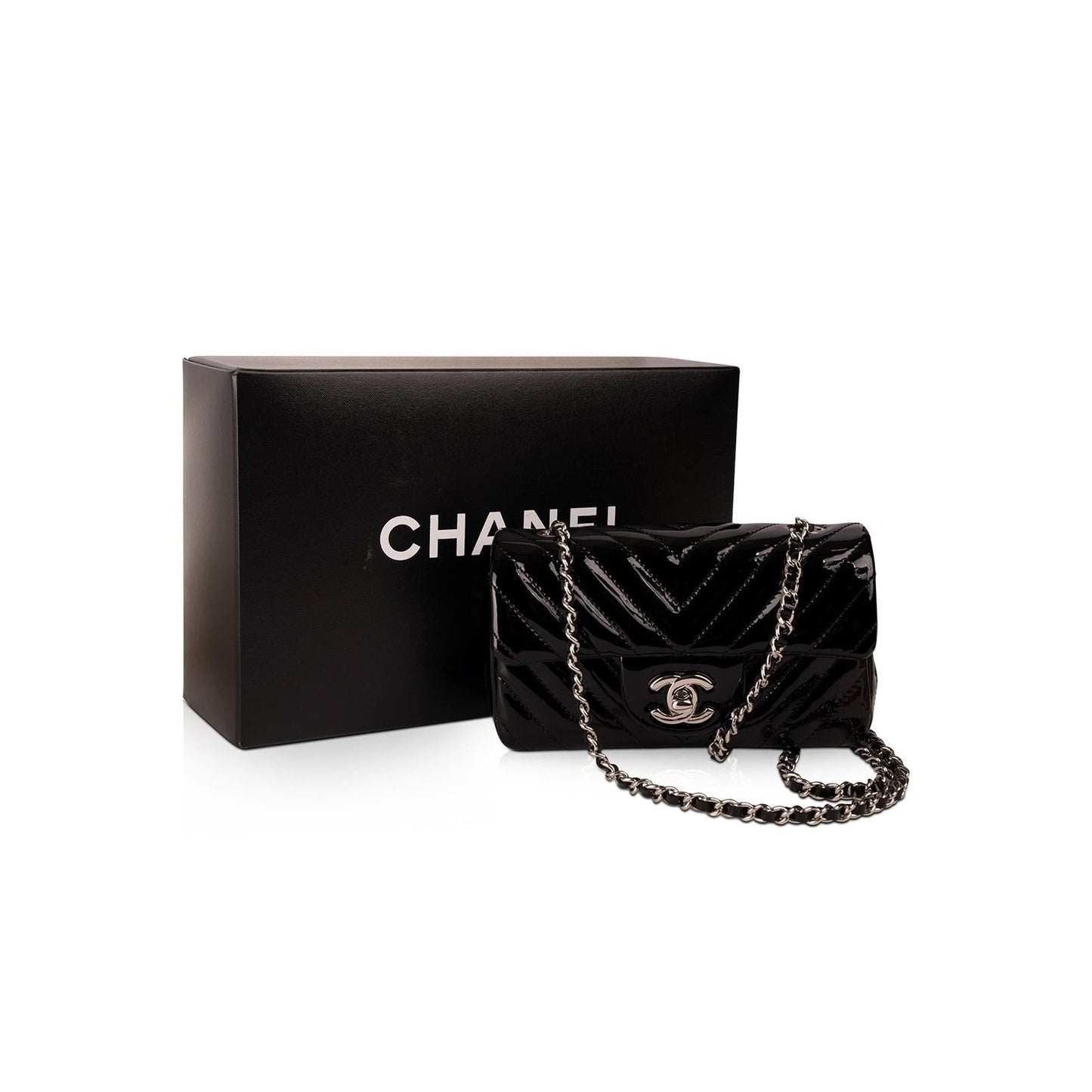 Chanel Extra Mini Black Chevron Patent Leather Classic Single Flap Bag