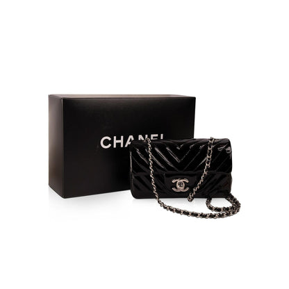 Chanel Extra Mini Black Chevron Patent Leather Classic Single Flap Bag