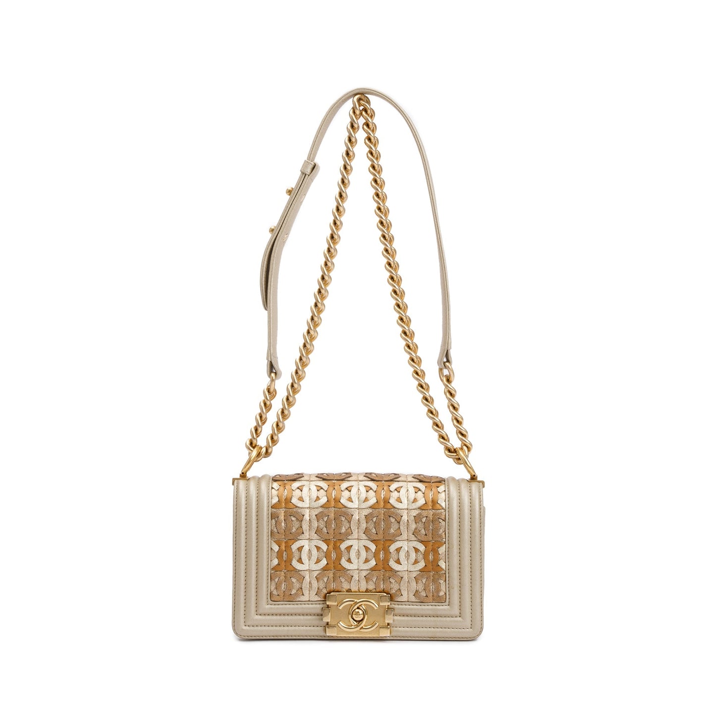 Chanel Gold Metallic Lambskin Leather CC Cutout Small Boy Bag