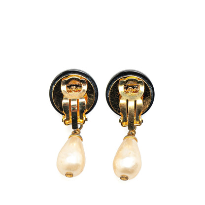 Chanel Gold Plated CC Faux Pearl Swing Clip On Earrings
