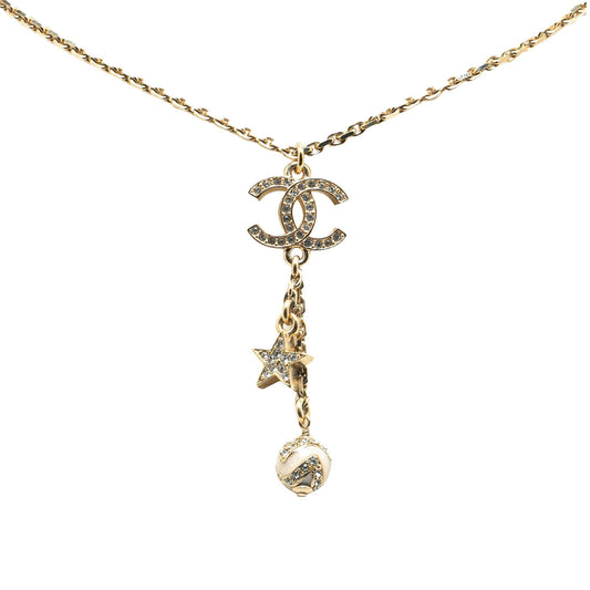 Chanel Gold Plated CC Rhinestones Star and Ball Pendant Necklace (SHG-RS0IWK)
