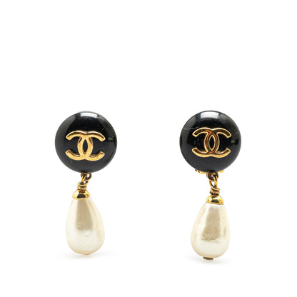 Chanel Gold Plated Faux Pearl CC Drop Clip On Earrings