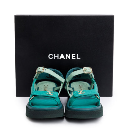 Chanel Green Lambskin Leather Dad Interlocking CC Logo Sandals, Size 37.5