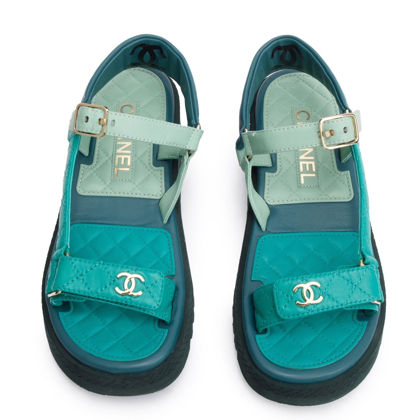 Chanel Green Lambskin Leather Dad Interlocking CC Logo Sandals, Size 37.5