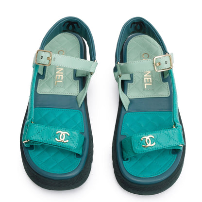 Chanel Green Lambskin Leather Dad Interlocking CC Logo Sandals, Size 37.5