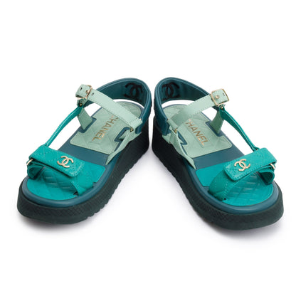 Chanel Green Lambskin Leather Dad Interlocking CC Logo Sandals, Size 37.5
