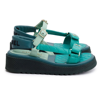 Chanel Green Lambskin Leather Dad Interlocking CC Logo Sandals, Size 37.5