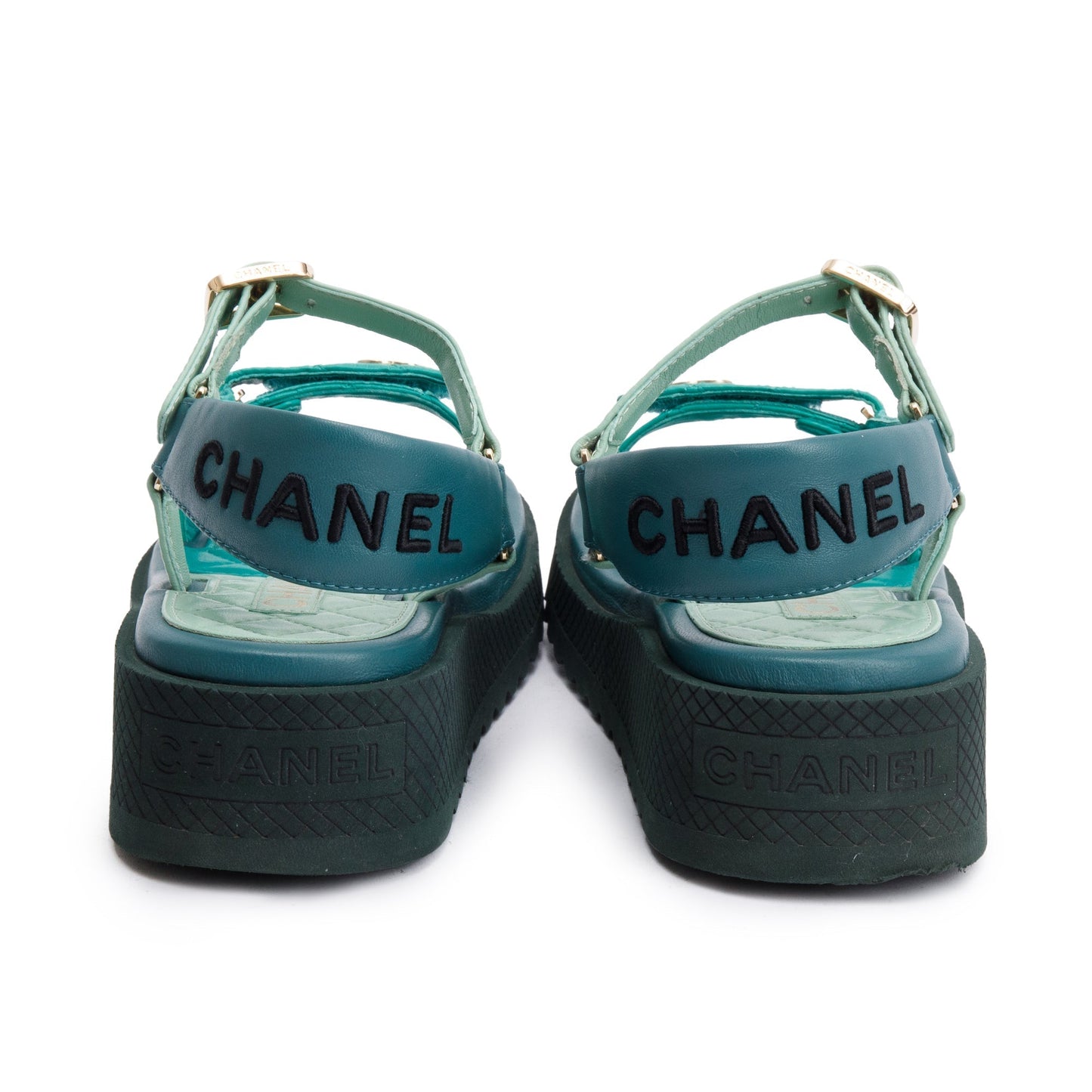 Chanel Green Lambskin Leather Dad Interlocking CC Logo Sandals, Size 37.5