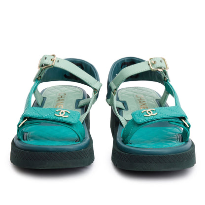 Chanel Green Lambskin Leather Dad Interlocking CC Logo Sandals, Size 37.5