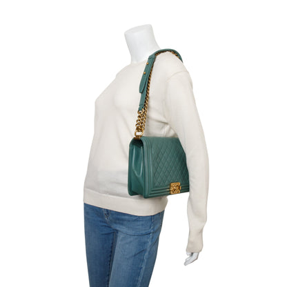 Chanel Green Quilted Lambskin Leather Large Boy Bag