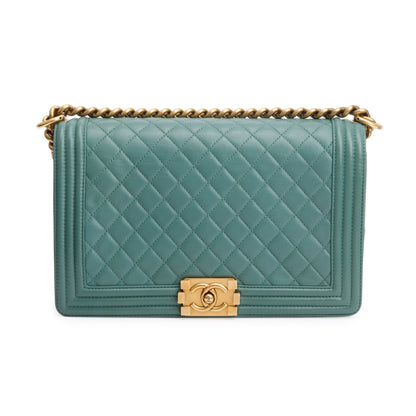 Chanel Green Quilted Lambskin Leather Large Boy Bag