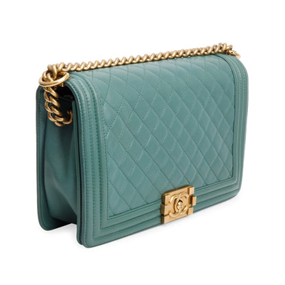 Chanel Green Quilted Lambskin Leather Large Boy Bag