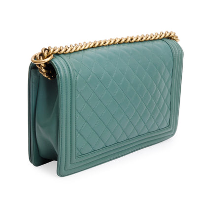 Chanel Green Quilted Lambskin Leather Large Boy Bag