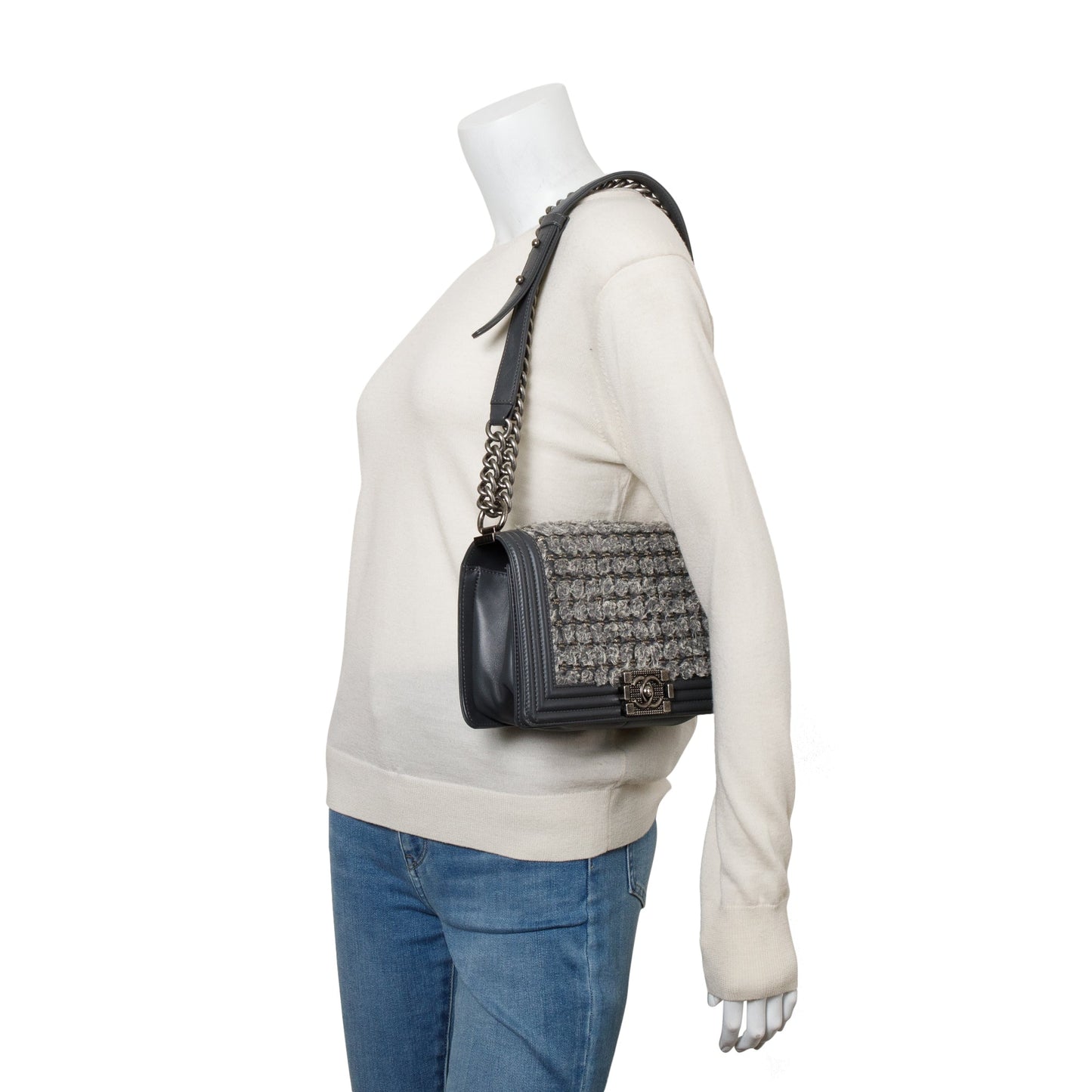 Chanel Grey Calfskin Leather Braided Tweed Old Medium Boy Bag