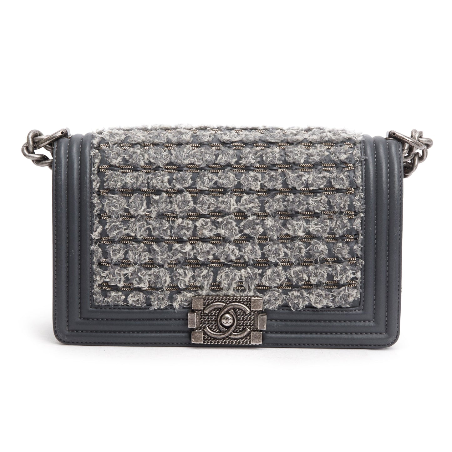 Chanel Grey Calfskin Leather Braided Tweed Old Medium Boy Bag